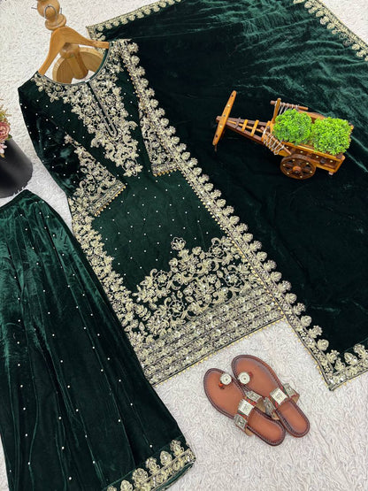 Function Wear Green Color Velvet Embroidered Pakistani Suit Set