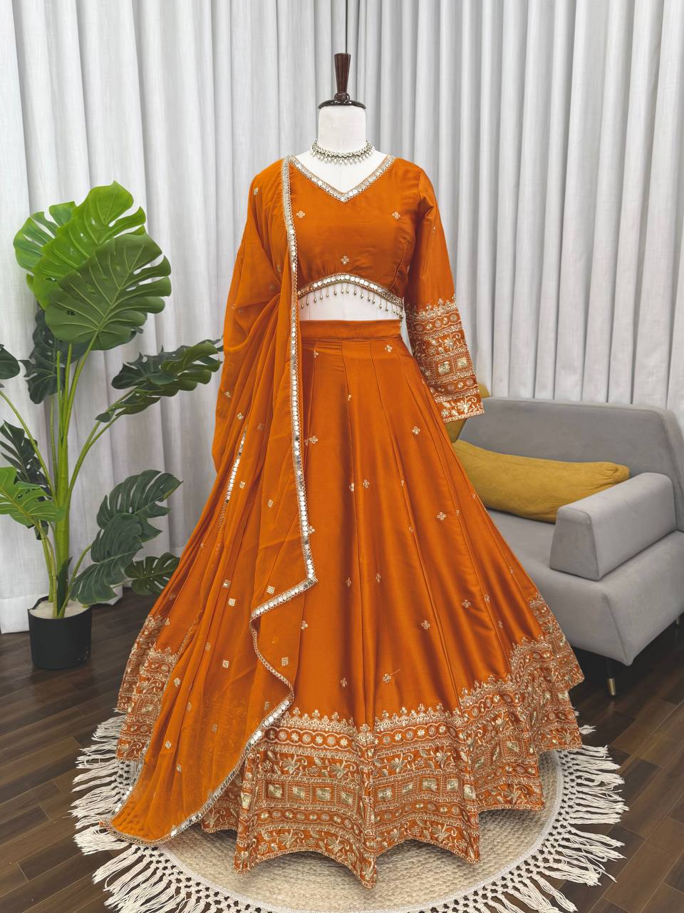 Function Wear Orange Color Japan Satin Thread Work Lehenga Set