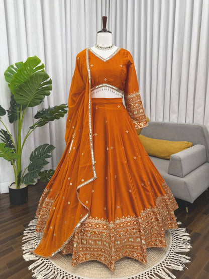 Function Wear Orange Color Japan Satin Thread Work Lehenga Set