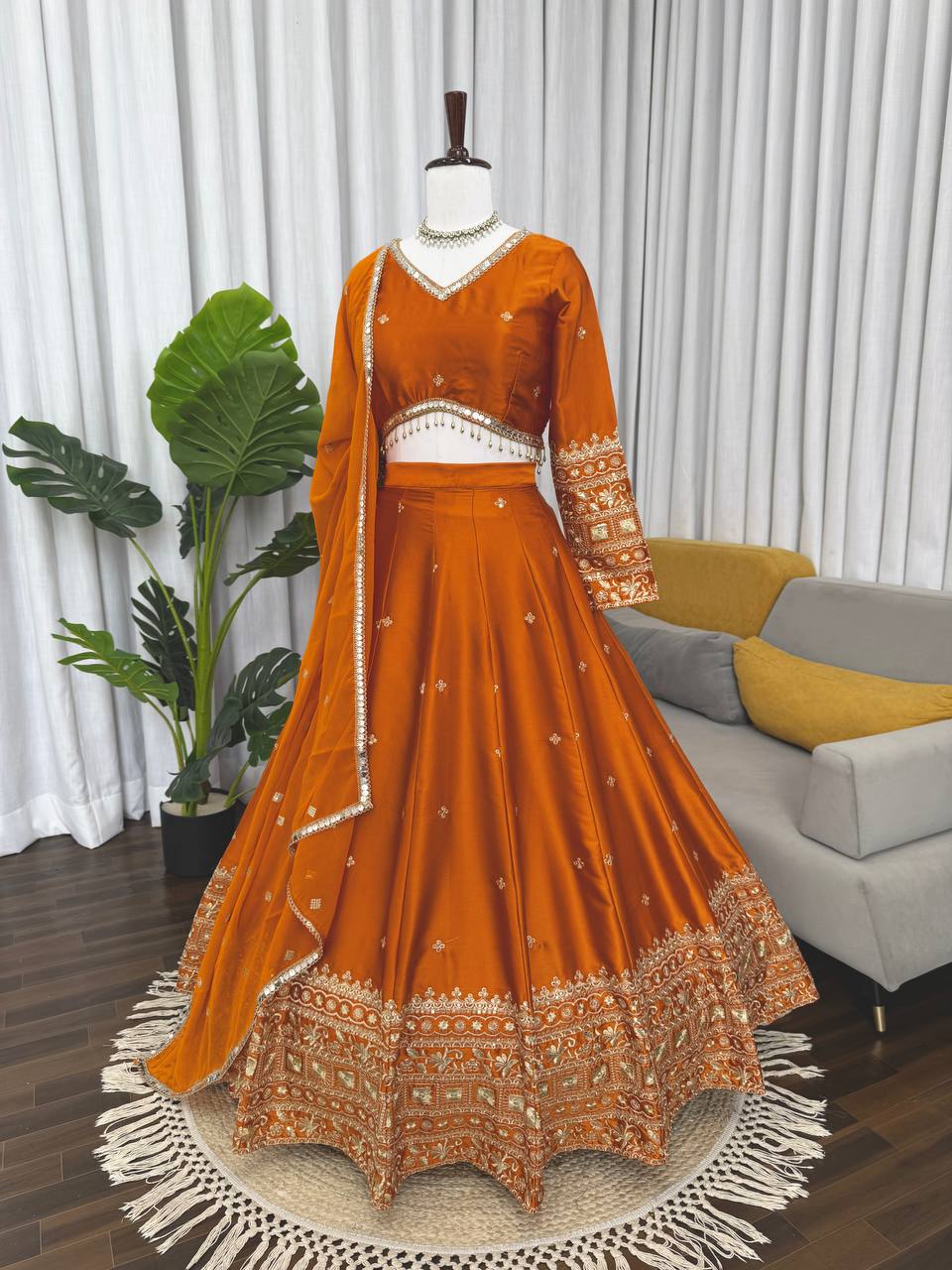 Function Wear Orange Color Japan Satin Thread Work Lehenga Set