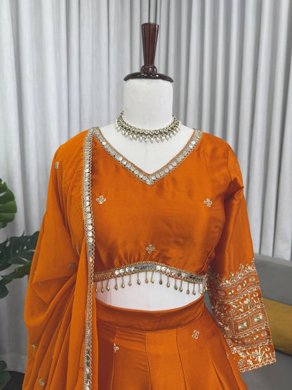 Function Wear Orange Color Japan Satin Thread Work Lehenga Set