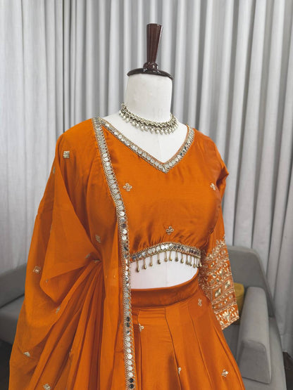 Function Wear Orange Color Japan Satin Thread Work Lehenga Set