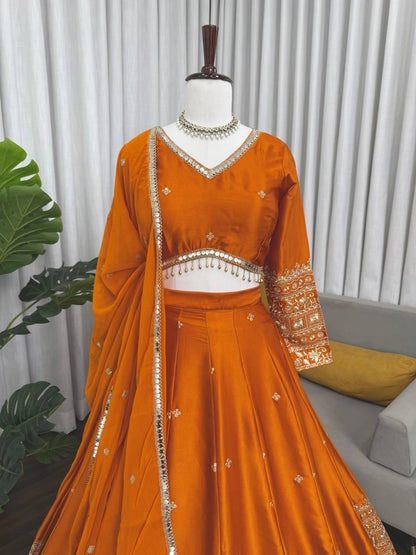 Function Wear Orange Color Japan Satin Thread Work Lehenga Set