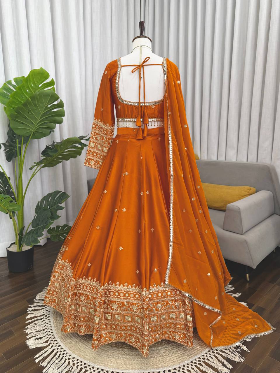 Function Wear Orange Color Japan Satin Thread Work Lehenga Set