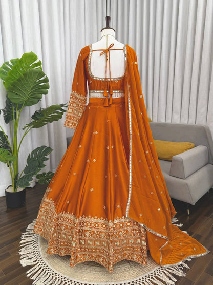 Function Wear Orange Color Japan Satin Thread Work Lehenga Set