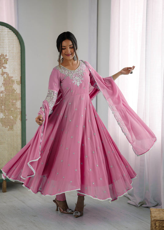 Baby Pink Color Embroidered Anarkali Three-Piece Gown Set