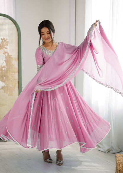 Baby Pink Color Embroidered Anarkali Three-Piece Gown Set
