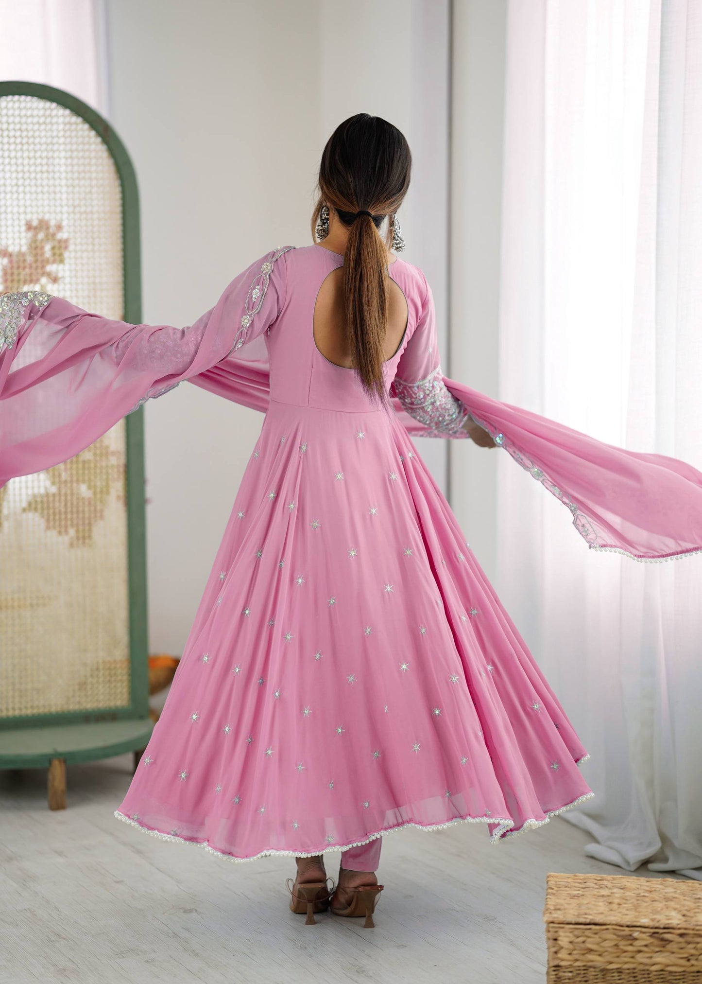Baby Pink Color Embroidered Anarkali Three-Piece Gown Set