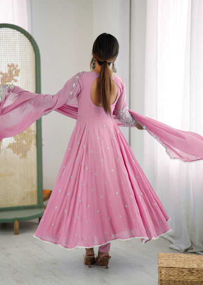 Baby Pink Color Embroidered Anarkali Three-Piece Gown Set