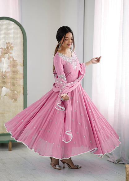 Baby Pink Color Embroidered Anarkali Three-Piece Gown Set