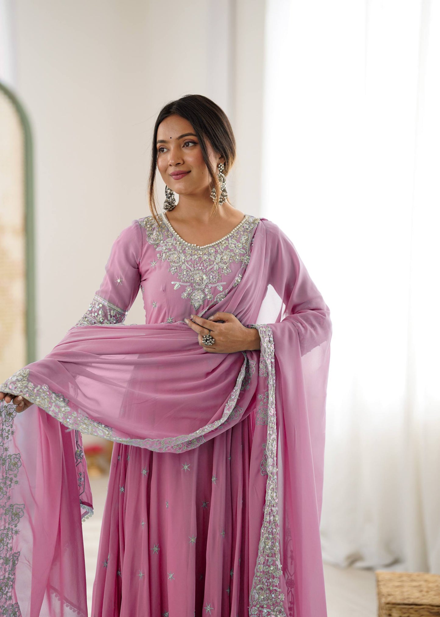 Baby Pink Color Embroidered Anarkali Three-Piece Gown Set