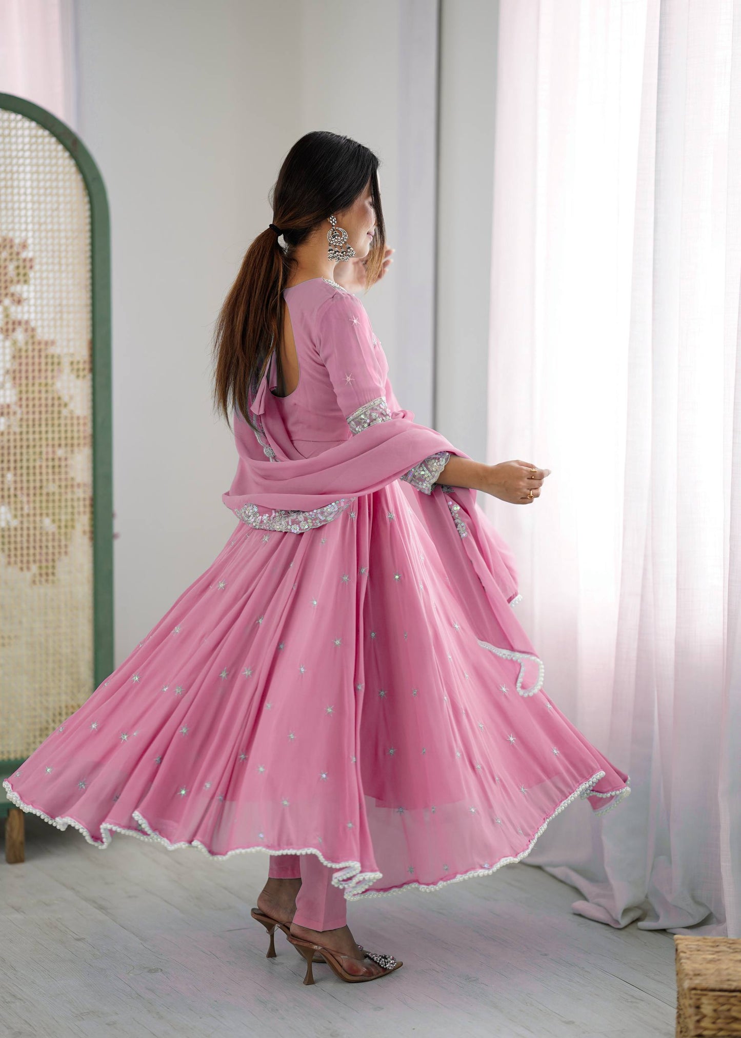 Baby Pink Color Embroidered Anarkali Three-Piece Gown Set