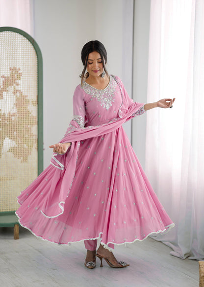 Baby Pink Color Embroidered Anarkali Three-Piece Gown Set