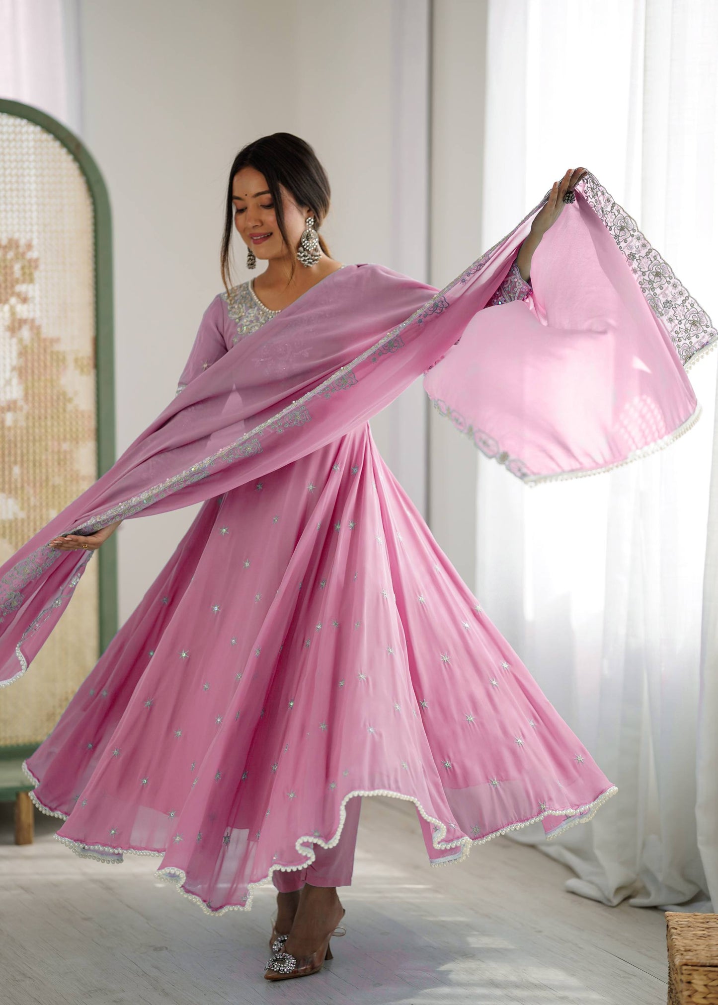 Baby Pink Color Embroidered Anarkali Three-Piece Gown Set