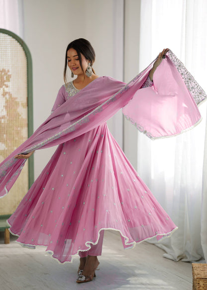 Baby Pink Color Embroidered Anarkali Three-Piece Gown Set