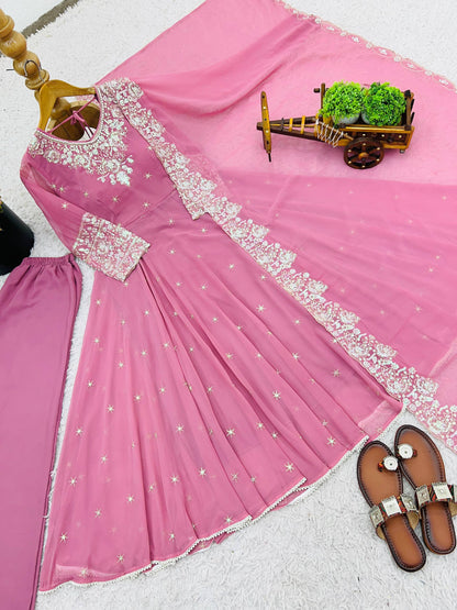 Baby Pink Color Embroidered Anarkali Three-Piece Gown Set