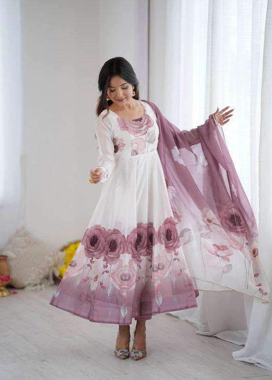 Onion Pink Floral Organza  Designer Anarkali Suit Set
