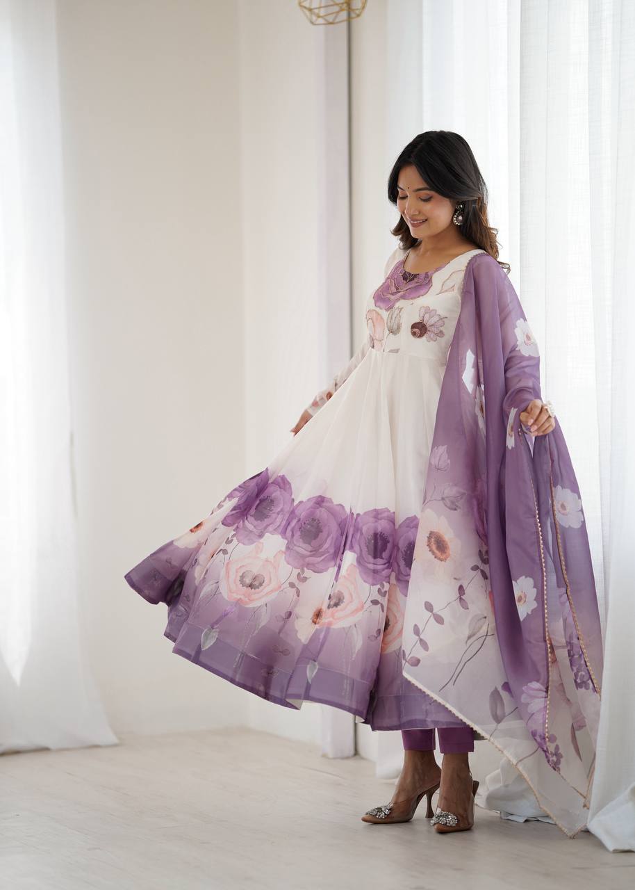 Lavender Color Floral Organza Designer Anarkali Suit Set