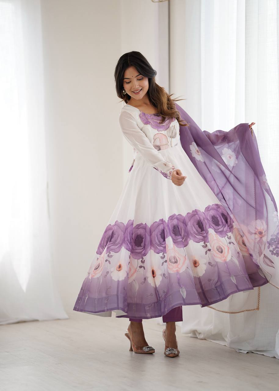 Lavender Color Floral Organza Designer Anarkali Suit Set