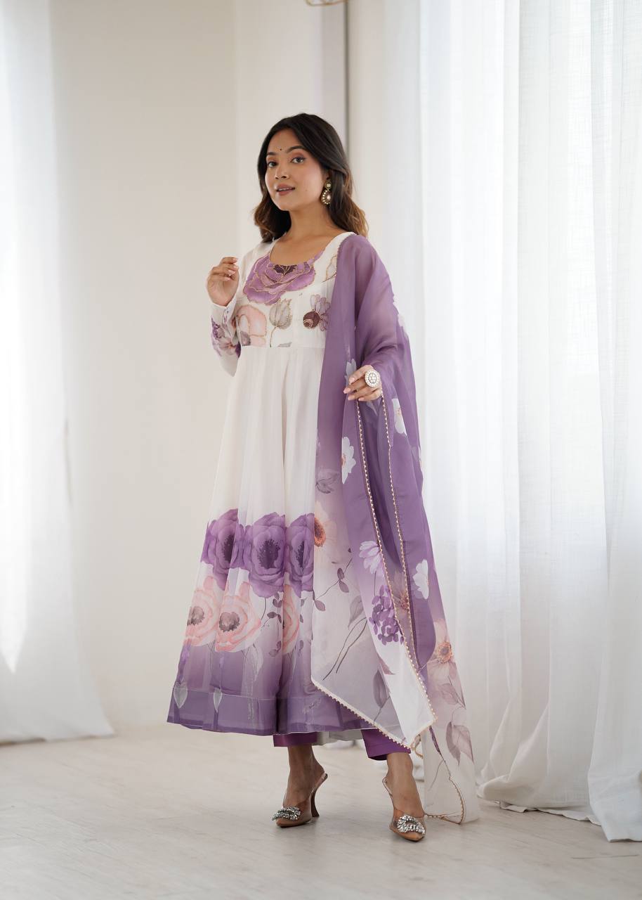 Lavender Color Floral Organza Designer Anarkali Suit Set