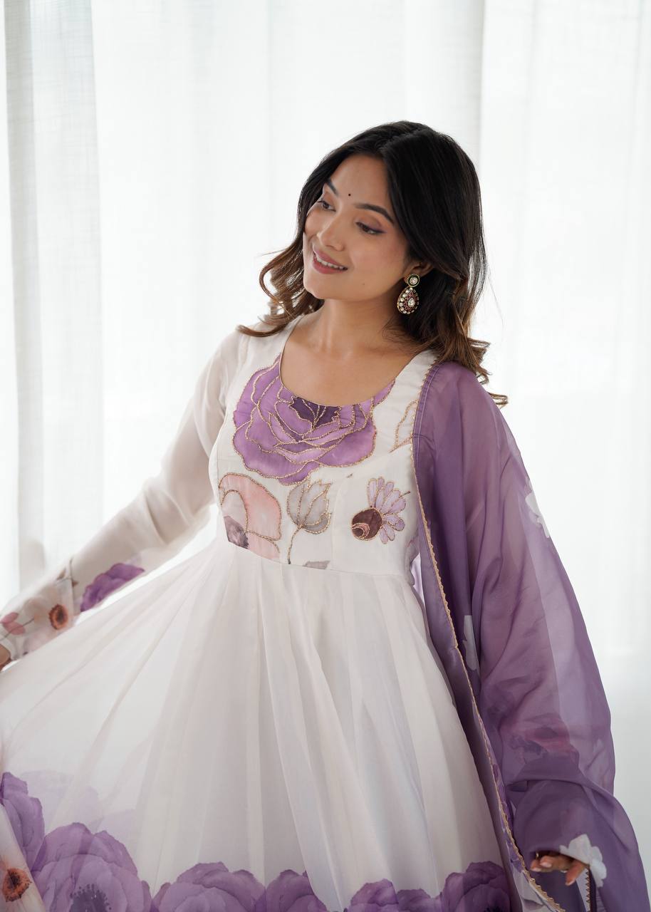 Lavender Color Floral Organza Designer Anarkali Suit Set
