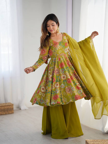 Wedding Wear Green Color Chanderi Designer Palazzo Suit