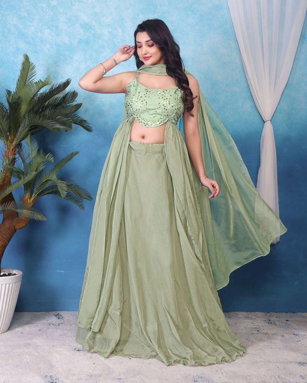 Mesmerizing Pista Green Color Heavy Tabby Silk With Embroidery Sequins Work Lehenga Choli