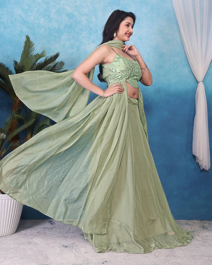 Mesmerizing Pista Green Color Heavy Tabby Silk With Embroidery Sequins Work Lehenga Choli