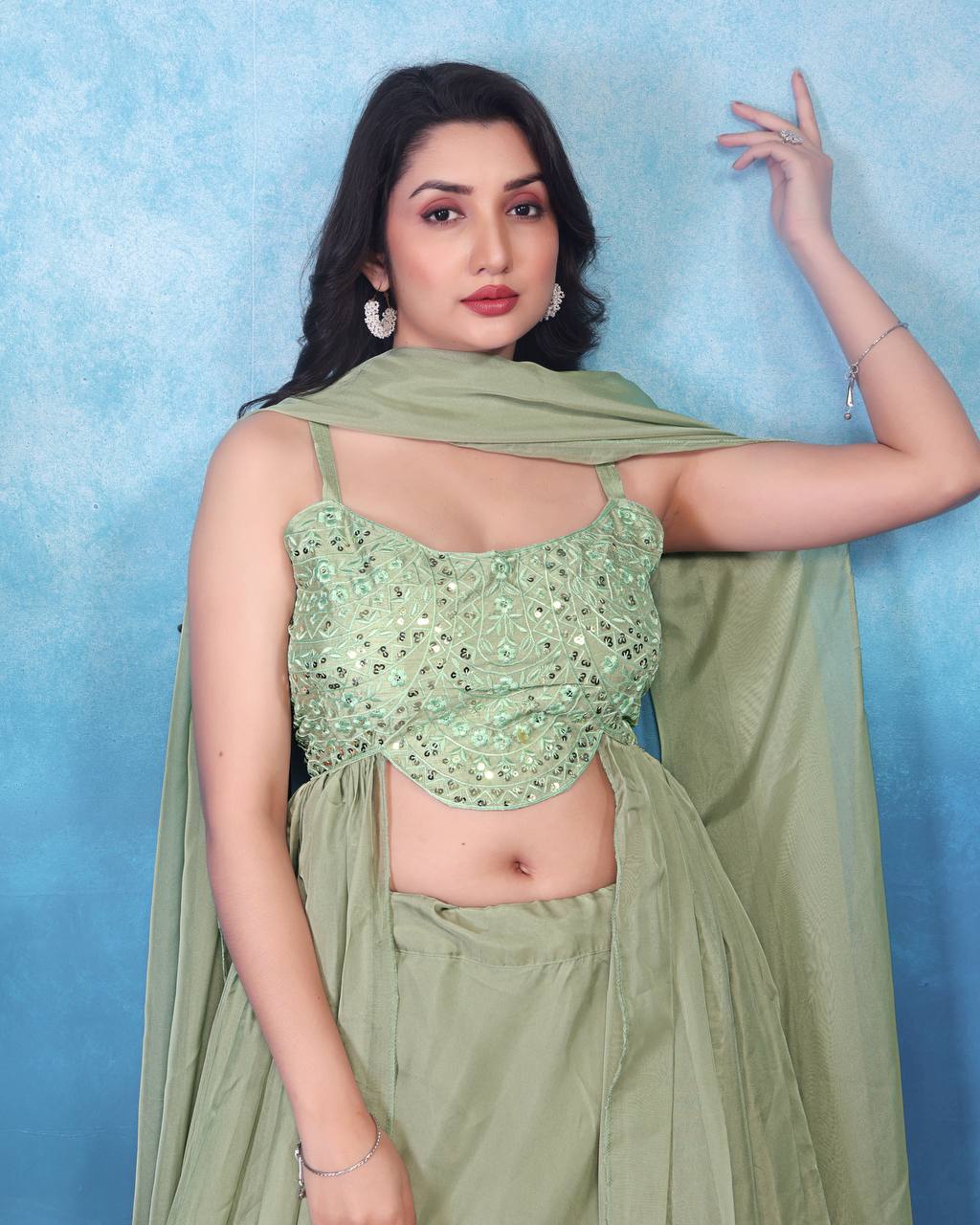 Mesmerizing Pista Green Color Heavy Tabby Silk With Embroidery Sequins Work Lehenga Choli