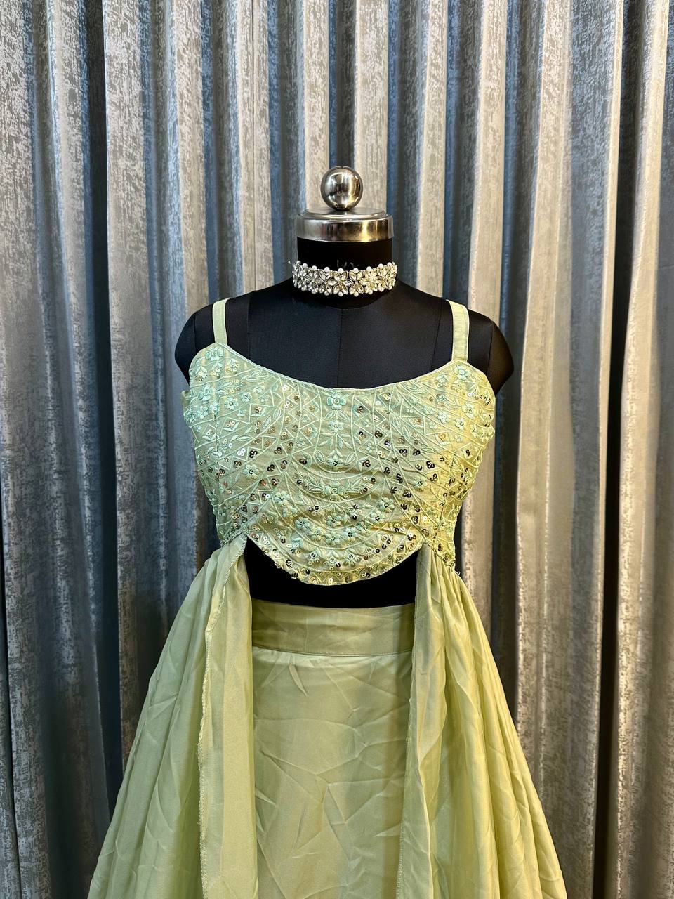 Mesmerizing Pista Green Color Heavy Tabby Silk With Embroidery Sequins Work Lehenga Choli