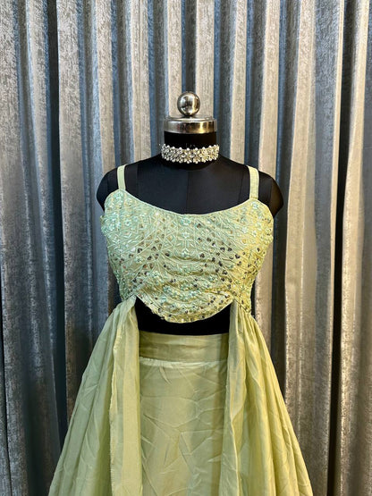 Mesmerizing Pista Green Color Heavy Tabby Silk With Embroidery Sequins Work Lehenga Choli