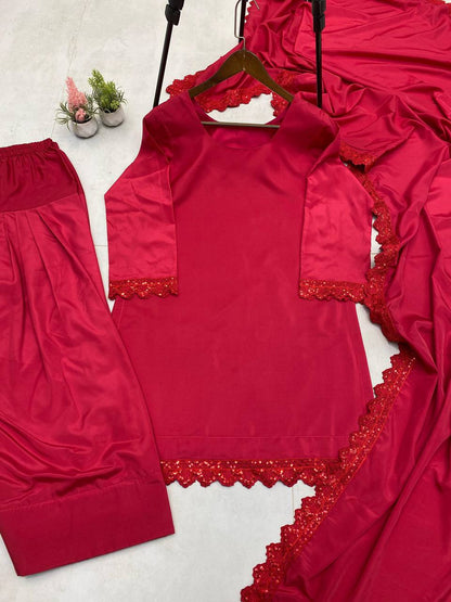 Blissful Red Color French Crape With Sequence Embroidered Work Salwar Suit