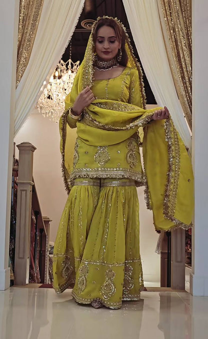 Party Wear Mustard Color Chinon Silk With Heavy Embroidery Work Sharara Suit