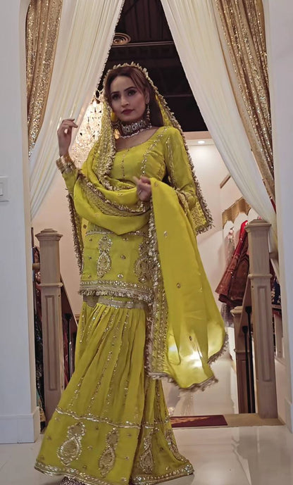 Party Wear Mustard Color Chinon Silk With Heavy Embroidery Work Sharara Suit
