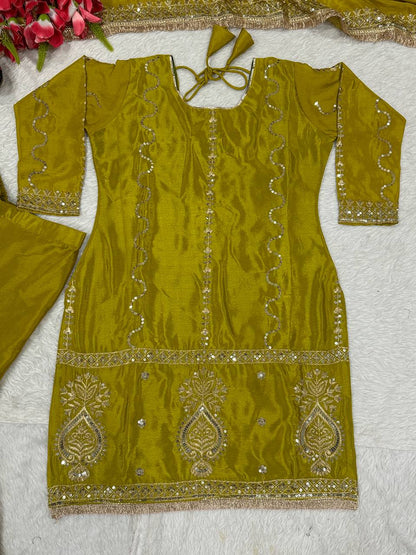 Party Wear Mustard Color Chinon Silk With Heavy Embroidery Work Sharara Suit