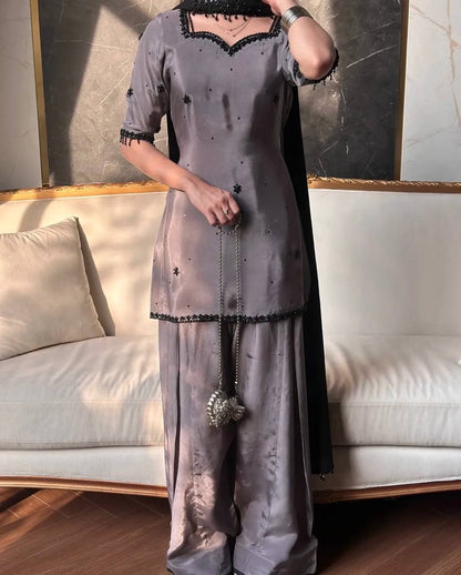 Admiring Purple Color Sequence Embroidered Plazzo Suit With Dupaptta