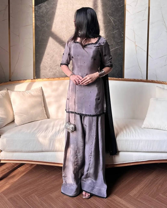 Admiring Purple Color Sequence Embroidered Plazzo Suit With Dupaptta