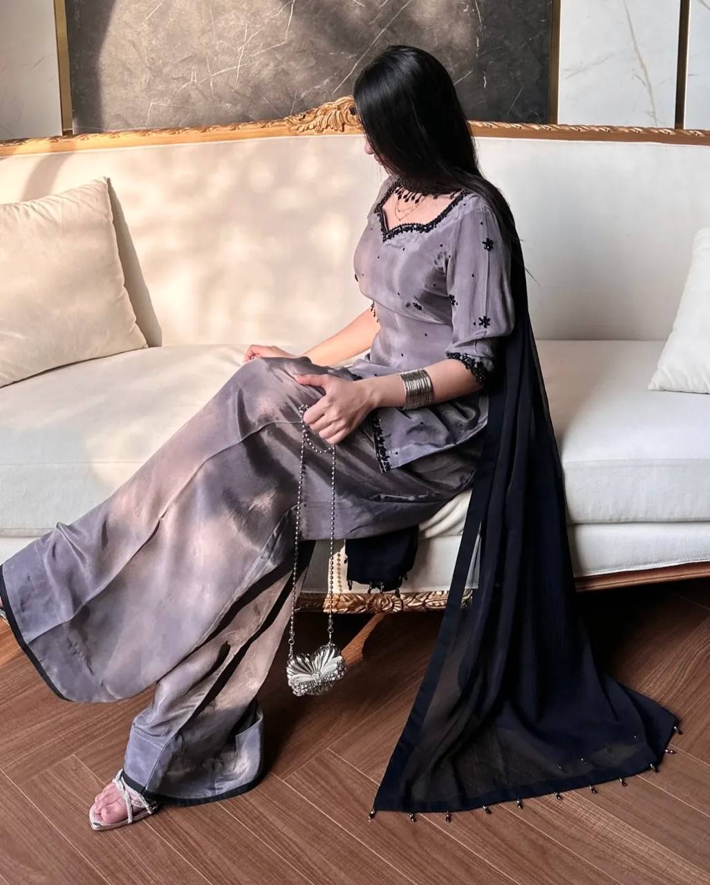 Admiring Purple Color Sequence Embroidered Plazzo Suit With Dupaptta