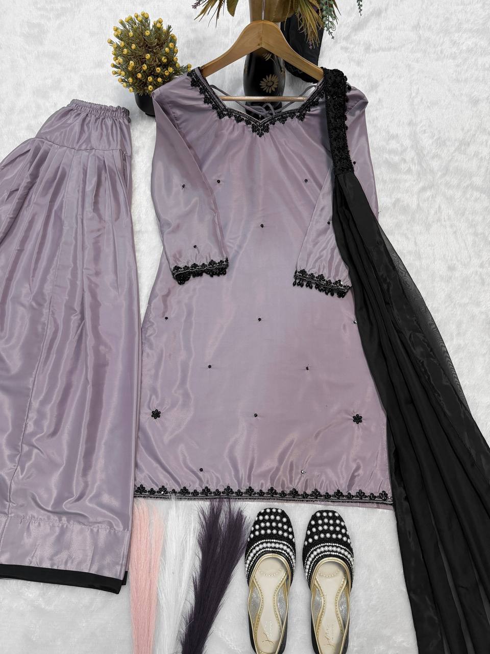 Admiring Purple Color Sequence Embroidered Plazzo Suit With Dupaptta