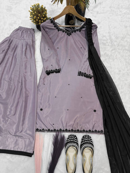 Admiring Purple Color Sequence Embroidered Plazzo Suit With Dupaptta