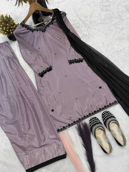 Admiring Purple Color Sequence Embroidered Plazzo Suit With Dupaptta