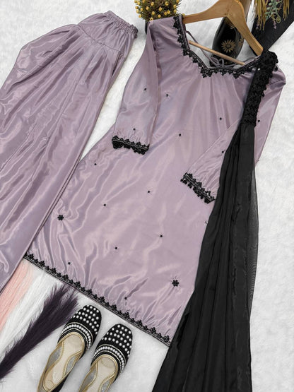 Admiring Purple Color Sequence Embroidered Plazzo Suit With Dupaptta