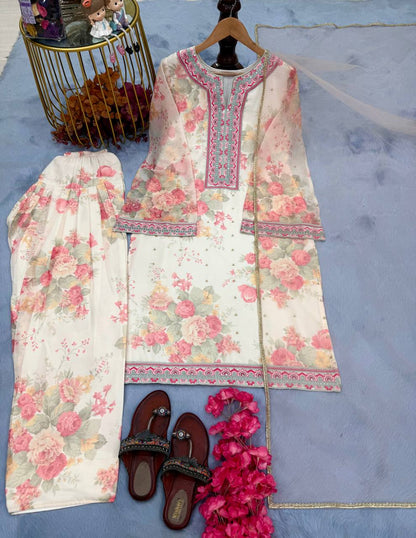 Peaceful Off White Color Pure Chiffon Georgette Digital Print With Embroidery Work Palazzo Suit