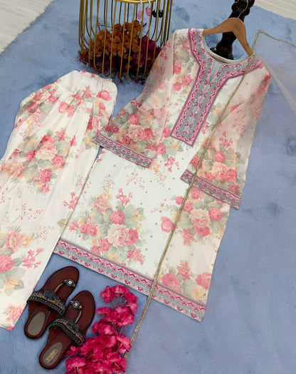 Peaceful Off White Color Pure Chiffon Georgette Digital Print With Embroidery Work Palazzo Suit