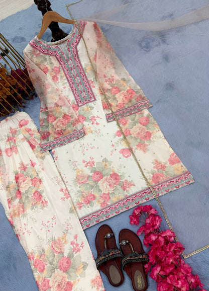 Peaceful Off White Color Pure Chiffon Georgette Digital Print With Embroidery Work Palazzo Suit