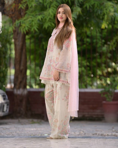 Peaceful Off White Color Pure Chiffon Georgette Digital Print With Embroidery Work Palazzo Suit
