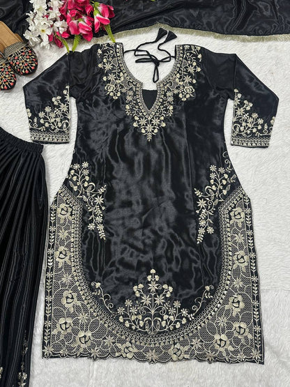 Trendy Black Color Heavy Chinon Silk With Sequence Embroidery Work Palazzo Suit