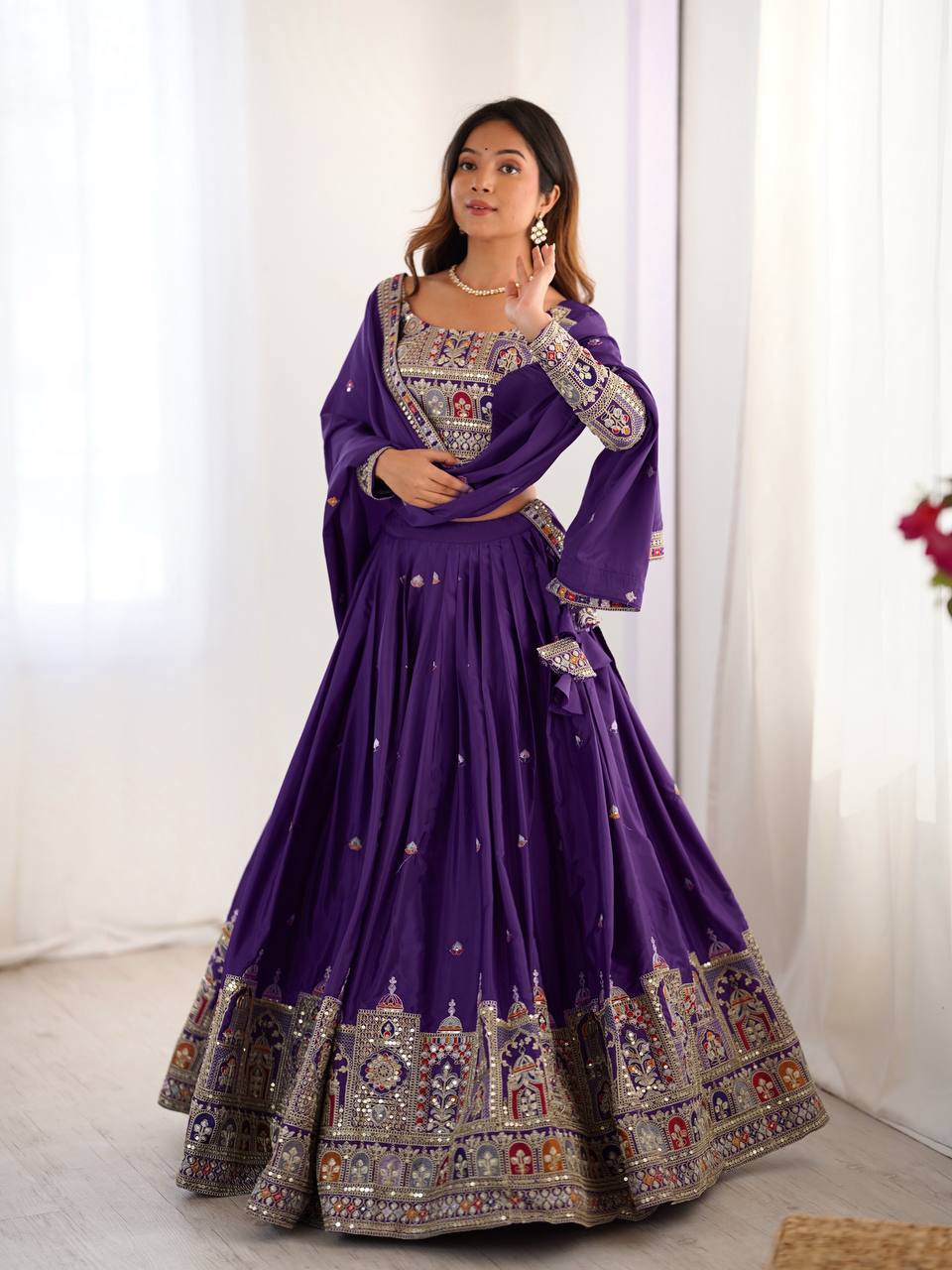 Wedding Wear Purple Color Natural Crepe Silk Thread With Sequence Work Lehenga Choli