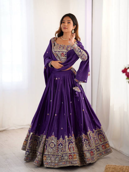Wedding Wear Purple Color Natural Crepe Silk Thread With Sequence Work Lehenga Choli