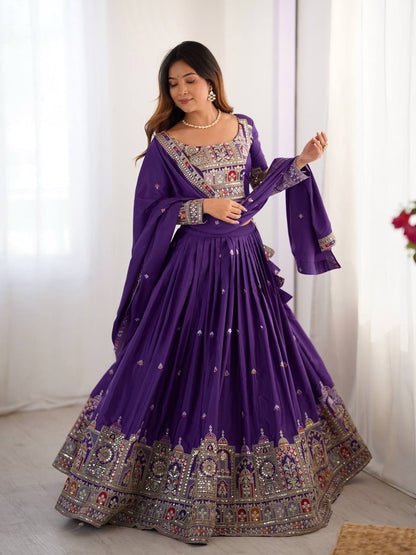 Wedding Wear Purple Color Natural Crepe Silk Thread With Sequence Work Lehenga Choli